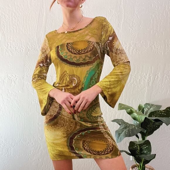 Y2K Green Paisley Printed Flare Sleeve Stretch Mini Dress - Picture 4 of 6